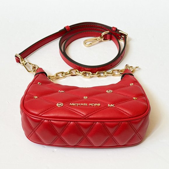 Michael Kors CORA XS MINI Shoulder Crossbody Bag Quilted Bright Red/Gold - Picture 7 of 14